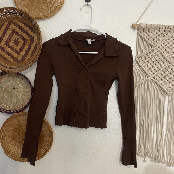 Women's TOPSHOP Cropped Collared Sweatshirt in Brown Size 2 Xs Trendy - Picture 3 of 9